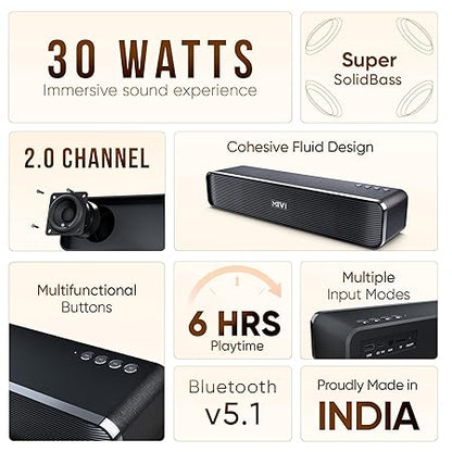 Mivi Fort H30 Portable Bluetooth Speakers Soundbar – [Newly launched] 30W Bluetooth Soundbar, 6 Hours Playtime (Black)