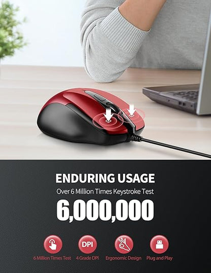 TECKNET USB Wired 6-Button Mouse With 4 Adjustable DPI, Optical Computer With Ergonomic Design and 5FT Cord for Laptop, Chromebook, PC, Desktop, Mac, Notebook - Red