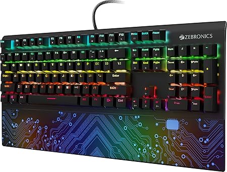 ZEBRONICS Zeb-MAX Chroma Premium Mechanical Gaming Keyboard with 104 Tactile Switch Keys, Wrist Rest, 18 RGB LED Modes, Braided & Gold Plated USB Cable
