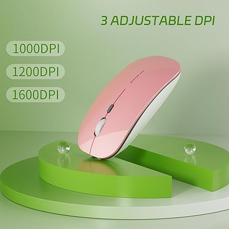 Picktech Q5 Slim Rechargeable Wireless Mouse, 2.4G Portable Optical Silent Ultra Thin Wireless Computer Mouse with USB Receiver and Type C Adapter, Compatible with PC, Laptop, Desktop (Pink)