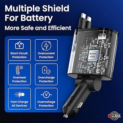 MELLSHA Retractable Car Charger, 100W 4-in-1 Super Fast Charge Car Mobile Charger, Retractable Cables (31.5 Inch)