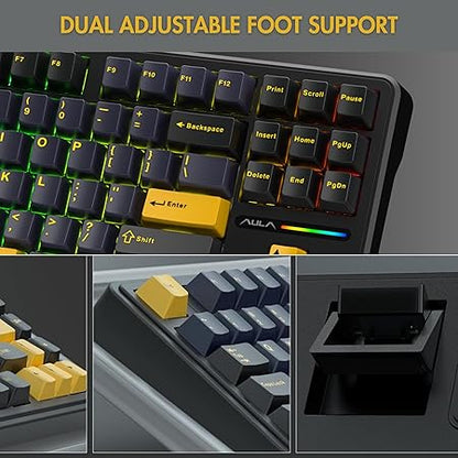 AULA F87 Wireless RGB Mechanical Gaming Keyboard | Tri Mode 2.4GHz/Type-C/BT 75% Gasket TKL Custom Hot Swappable Keyboard (Thunder Black | Graywood Switch)