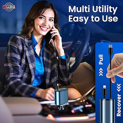 MELLSHA Retractable Car Charger, 100W 4-in-1 Super Fast Charge Car Mobile Charger, Retractable Cables (31.5 Inch)