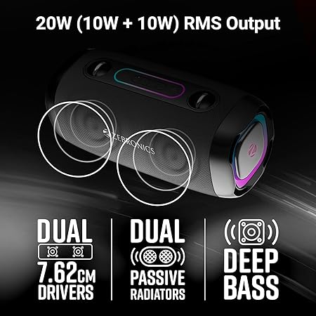 ZEBRONICS Sound Feast 85, Portable Bluetooth Speaker, 20 Watts, Upto 9 Hours Playback, BTv5.3 | TWS | USB, RGB LED, Call Function, Carry Strap (3 color options)