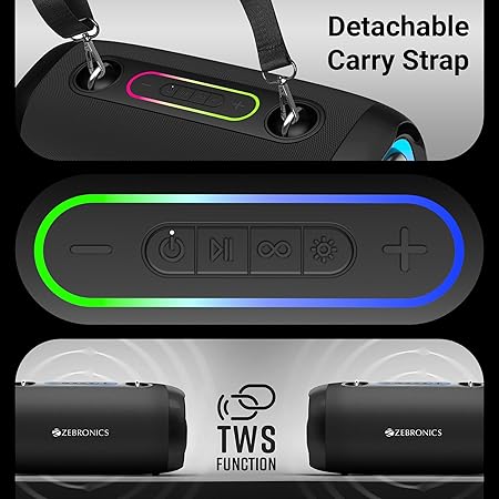 ZEBRONICS Sound Feast 85, Portable Bluetooth Speaker, 20 Watts, Upto 9 Hours Playback, BTv5.3 | TWS | USB, RGB LED, Call Function, Carry Strap (3 color options)