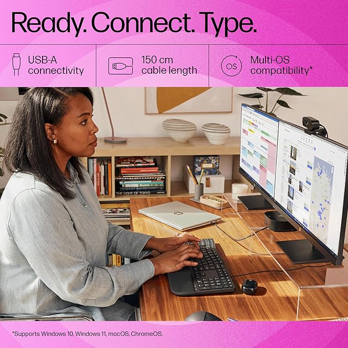 HP 480 Comfort Wired Keyboard, USB-A connectivity, 23 programmable Keys, Microsoft Copilot, Cushioned Palm Rest, Adjustable tilt, Spill Resistant, 1-Year Limited Warranty, Black