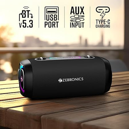 ZEBRONICS Sound Feast 85, Portable Bluetooth Speaker, 20 Watts, Upto 9 Hours Playback, BTv5.3 | TWS | USB, RGB LED, Call Function, Carry Strap (3 color options)