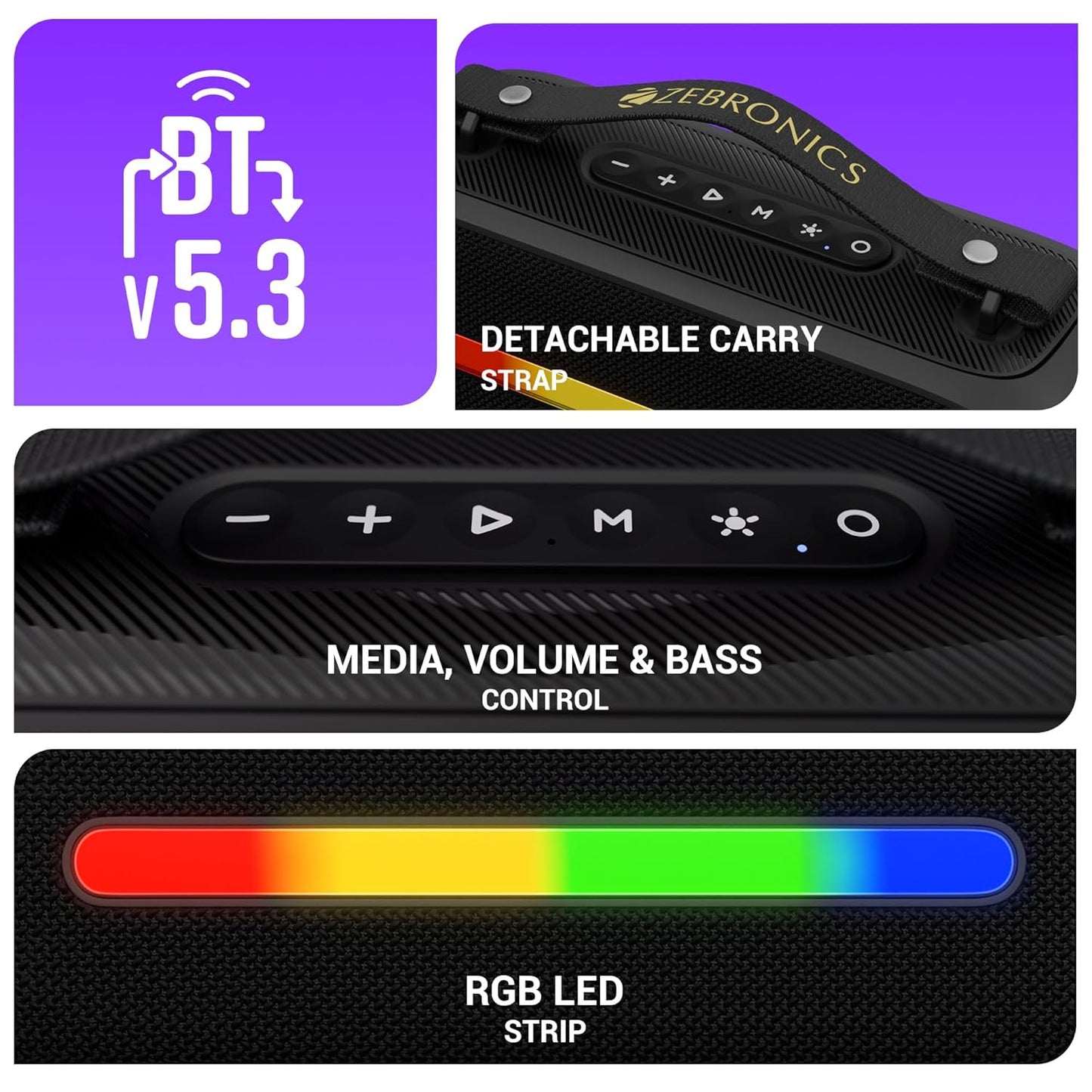 ZEBRONICS Sound Feast 80, Portable Bluetooth Speaker, 20 Watts, Upto 14h Backup, Bluetooth | USB, Included Wireless Microphone, Detachable Carry Strap