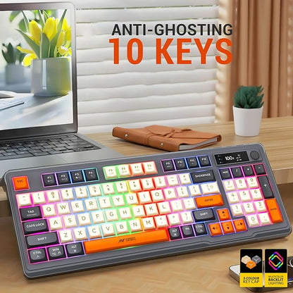 Ant Esports MK801 V2 Pro Wireless Mechanical Membrane Backlit Gaming Keyboard 94 Keys 2.4G/Bluetooth Mode Compact Numeric Pad RGB Keyboard for Home Internet Cafe Game Room Office_ Grey, Beige, Orange
