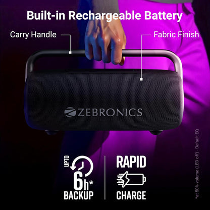 ZEBRONICS AXON 100 Portable Party Bluetooth Speaker, 90W RMS, Quad Drivers + Dual Passive Radiators, IPX5, Upto 6 Hours Playback (Black)