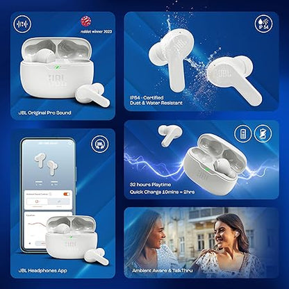 JBL Vibe Beam in-Ear Wireless Earbuds (TWS) with Mic,App for Customized Extra Bass Eq,32 Hours Battery&Quick Charge (3 Color options)
