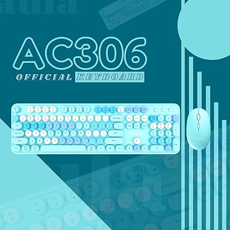 Aula AC306 Wireless Keyboard with Retro Keys and 1600 DPI Mouse Combo | 2.4GHz Wireless Keyboard with Mouse Combo for Desktop/Laptop and Devices with USB Support (Mix Blue)