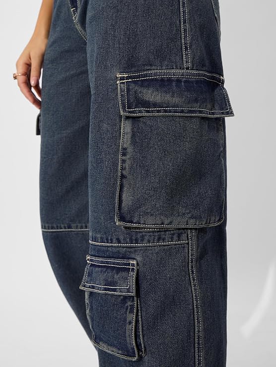 The Souled Store Cargo Jeans: Deep Blue Women and Girls Buttoned Cotton Blend Baggy Fit Jeans