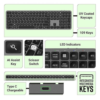 ZEBRONICS K5002MW Slim Wireless Keyboard with in-Built Battery, Copilot AI Key, Windows | Mac | iOS | Android, Scissor Switch, 3 Bluetooth + 2.4Ghz, 109 Keys, 13 Multimedia Keys, Type C Charging