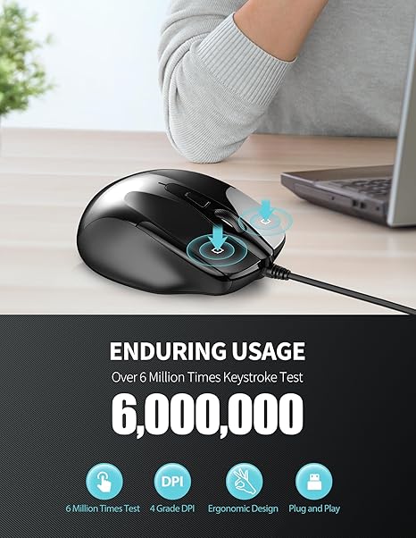 TECKNET 6-Button USB Wired Mouse with Side Buttons, Optical Computer Mouse with 1000/2000DPI, Ergonomic Design, 5ft Cord, Support Laptop Chromebook PC Desktop Mac Notebook-Black