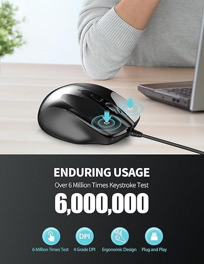 TECKNET 6-Button USB Wired Mouse with Side Buttons, Optical Computer Mouse with 1000/2000DPI, Ergonomic Design, 5ft Cord, Support Laptop Chromebook PC Desktop Mac Notebook-Black