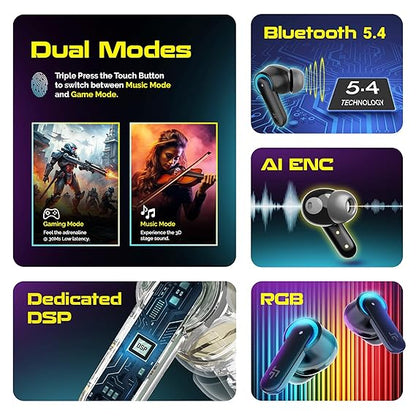 CrossBeats Fury Max Gaming TWS in-Ear Buds |100hr Playtime Bluetooth Earphones | RGB Lights | BT v5.4 (2 color options)