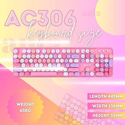 Aula AC306 Wireless Keyboard with Retro Keys and 1600 DPI Mouse Combo | 2.4GHz Wireless Keyboard with Mouse Combo for Desktop/Laptop and Devices with USB Support (Mix Pink)