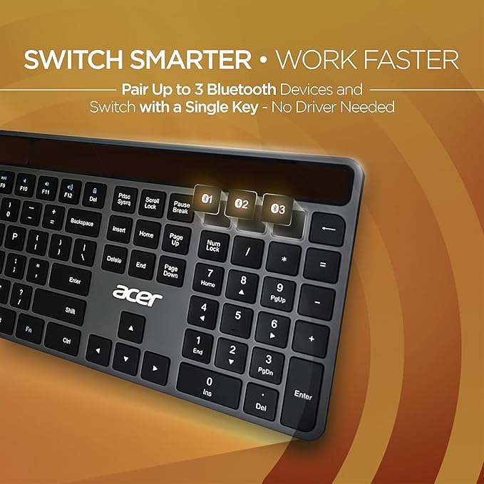 Acer Solaris Solar Powered Bluetooth Keyboard, 109-Key Wireless Keyboard with Super-Capacitor, Multi-Device BT 5.0, Type-C Emergency Charging, 10m Range, for Windows, Mac, Android, Space Grey