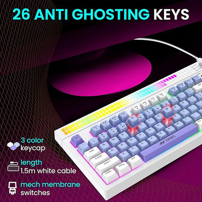 Ant Esports MK1900 RGB Wired Gaming Keyboard with Volume Knob & Alarm Clock, 93 Keys + 6 Macro Keys, Mechanical Feel Membrane, DIY Backlit Effects, Compatible Windows/Mac/Linux – White/Purple/Blue
