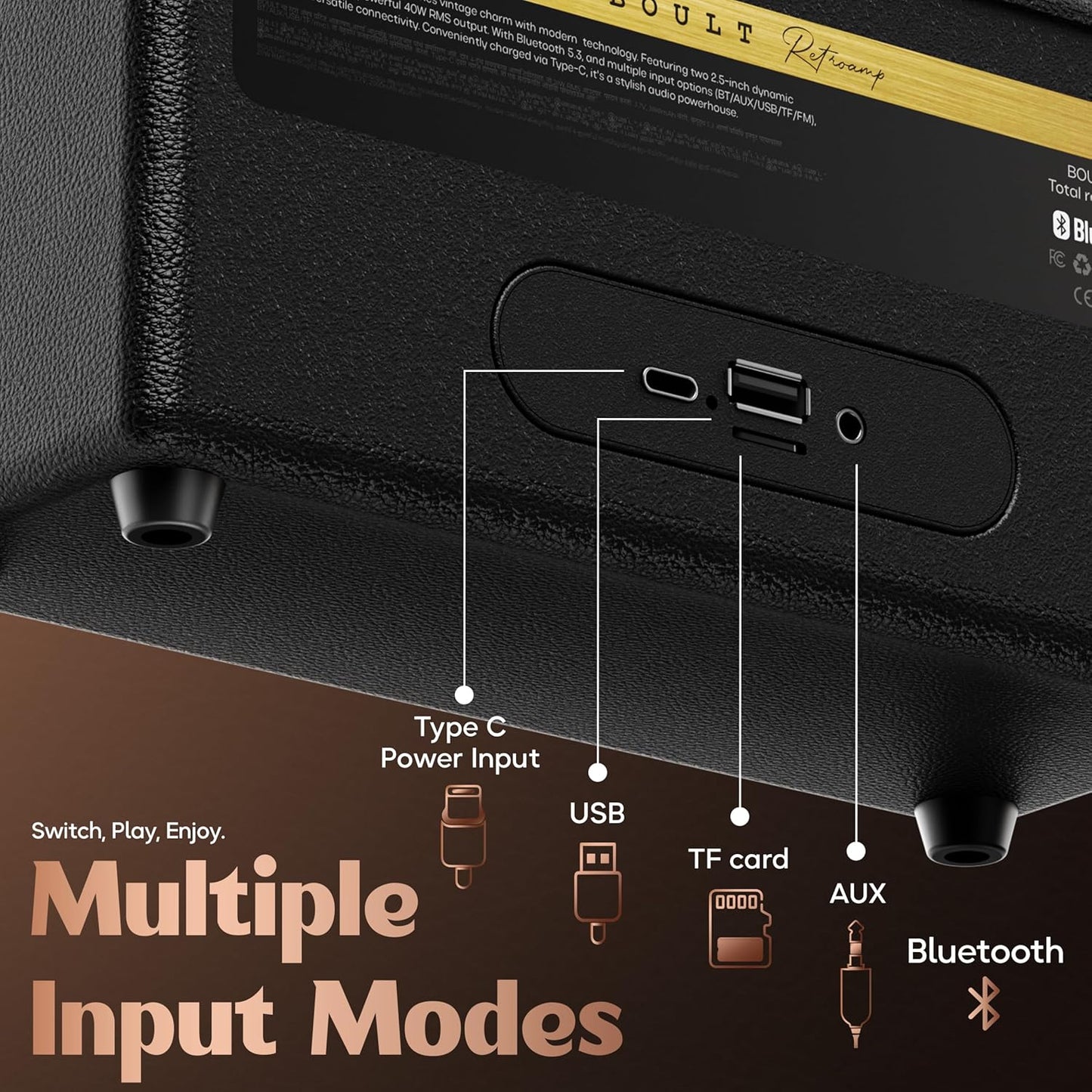 Boult Newly Launched Retroamp Z30 with 30W Bluetooth Speaker with Dual Dynamic Drivers, 10Hrs Playtime (Vintage Gold)