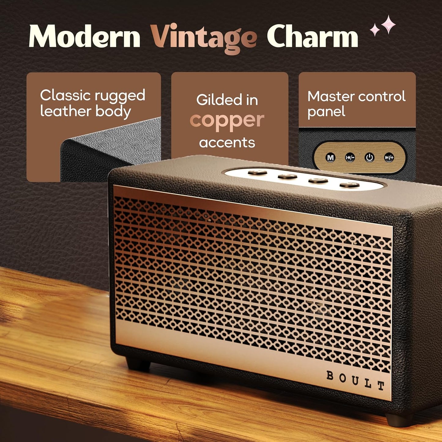 Boult Newly Launched Retroamp Z30 with 30W Bluetooth Speaker with Dual Dynamic Drivers, 10Hrs Playtime (Vintage Gold)