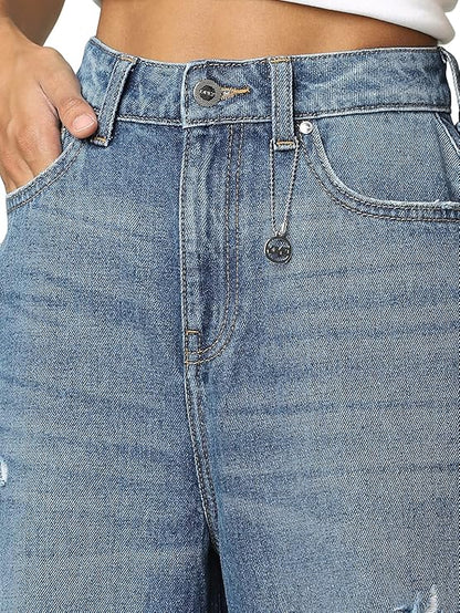 ONLY Women Mom Fit High-Rise Low Distress Light Fade Pure Cotton Jeans